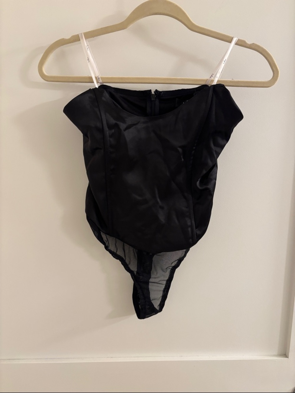 Lulu's Black Strapless Bodysuit with Mesh Panel
